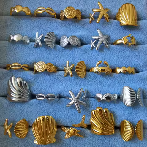 Fashion 5pcs/lot Marine Jewelry Sea Animals Conch Starfish Shell Rings Stainless Steel Rings Jellyfi