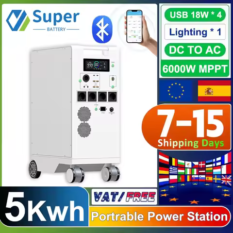 5000W Portable Power Station LiFePO4 48V 100Ah 5Kwh 6000W MPPT Inverter With Light 18W-USB EU AC Inp