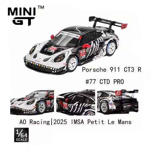 MINI GT 1143 1/64 Porsche 911 GT3 R 77 AO Racing 2025 IMSA Petit Le Mans Rexy Roxy Diecast Alloy Car