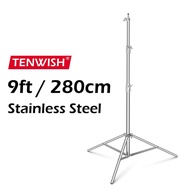 TENWISH Stainless Steel 280cm Light Stand With 1.0/4inch To 3/8inch Universal Adapter 40-110inch/100-280cm Foldable Suitable For Studio Flash Fill Stand, Etc.