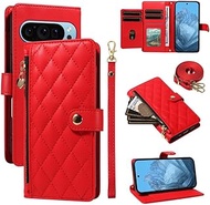 Compatible with Google Pixel 8 Pro (Color: Red) Crossbody Strap Zip Wallet Leather Flip Back Case