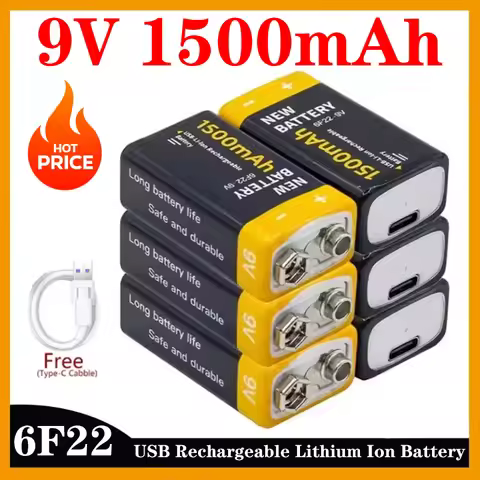 New 6F22 USB Rechargeable Lithium Ion 9V 6F22 1500mAh Battery for Fire Smoke Sensor Gas Sensor Metal