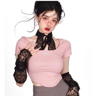 Summer Korean Version Sweet and Spicy Top, Women's Pink Patchwork Lace Sexy Short Sleeved T-shirt