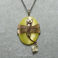 Lemon Yellow Cat Eye Oval Brass Dragonfly Pendant Necklace Woman Jewelry Gift