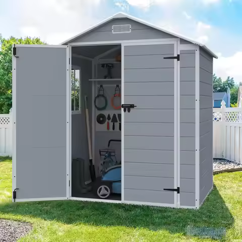 Outdoor Storage Shed, 6 x 4 FT Resin Shed with Floor, Gray