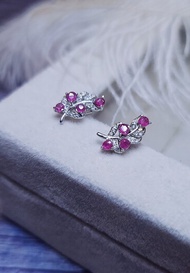 |紅寶桂冠葉|天然無燒緬甸紅寶石3mm純銀鍍18k設計款耳環