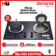 (FREE SHIPPING) AIWA 9 Jets Flip-up Built-In Hob Double Burners Tornado Flame Gas Stove Tempered Gla