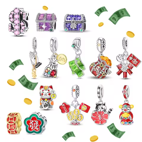 Lucky 925 Sterling Silver Money Tree Lucky Cat God of Wealth Dollar Treasure Charm Fit DIY Bracelet 