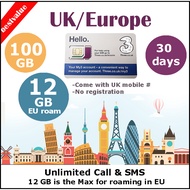 Europe USA HK SG UK World THREE Travel Sim Card 100GB Data + Unlimited Calls SMS for 30 days
