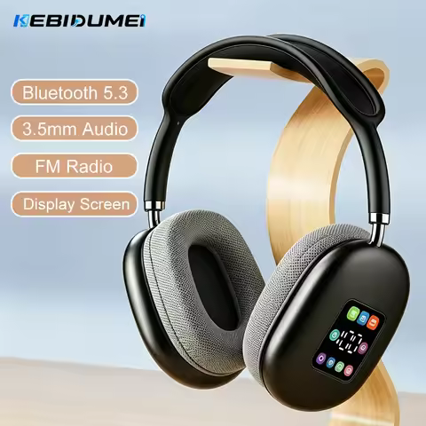 KEBIDUMEI Bluetooth 5.3 Headphones with LCD Screen Noise Cancellation Wireless Headsets with FM Radi