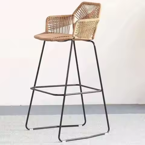 Nordic PP Rattan Back Armchair Bar Furniture Wrought Iron Bar Chairs for Kitchen Modern Cafe Outdoor