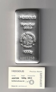 賀利氏 Heraeus 1000g 1kg 1公斤 精裝銀條連證書