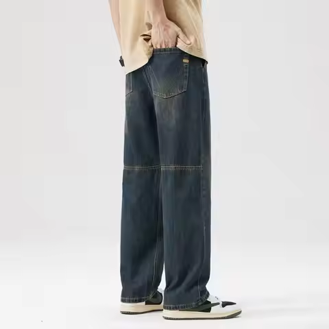 Jeans Fashionable Splicing Design Straight Wide-leg Pants Korean Retro Street Baggy Denim Trousers M