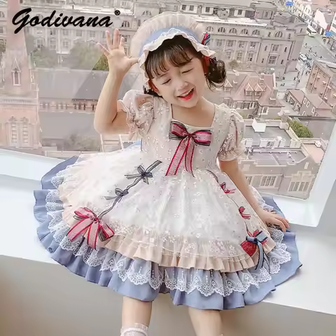 Sweet Baby Girls Spanish Vantage Fashion Princess Lolita Dress Kids Summer Cotton Lace Embroidery Bo