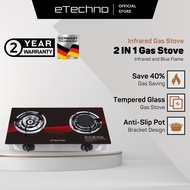 eTechno Tempered Glass Gas Stove Double Burner Gas Cooker Infrared Burner Gas Stove Cooktop Dapur Gas