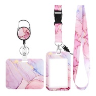 Pink Marble ID Card Holder Retractable Buckle Access Control Card Card Meal Card Lanyard Staff Card 