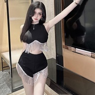 2023 Sequined Tassel Stitching Sleeveless Vest+High Waist Shorts Two-Piece Set Hot Girl Suit 70626