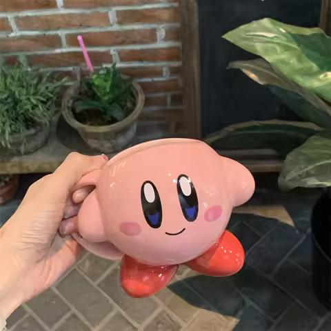 Kirby Mug Anime Ceramic Cup Kawaii High-Capacity Coffee Cup with Lid&Handle Drinkware Reusable Insul