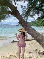 碎花荷葉邊綁帶泳衣3件套