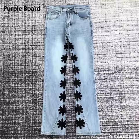 Purple Board Men Light Blue Flare Jeans Skinny Rocker Fit Mid Rise Cotton Y2k Jeans Vintage Wash Flo