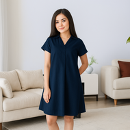 Fashion Fabric - Dress Wanita Casual A-Line Mini Dress Kerah V-Neck lipat Lengan Pendek #4106