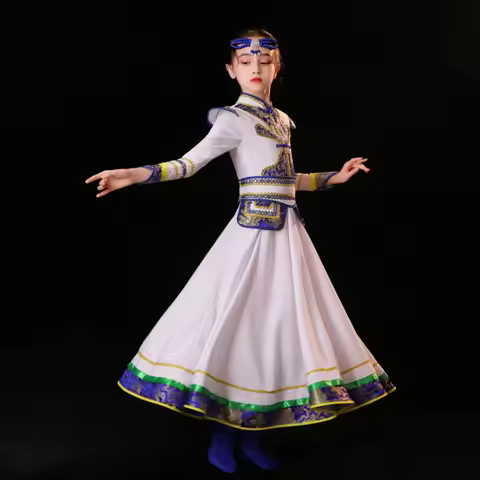 Girl Tibetan Dance Performance Costume Child Mongolian Dance Dress Chinese Mongolian Dancewear Folk 