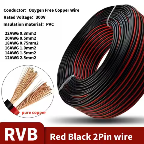 5/10M RVB Red Black 2 Pins Electrical Wire 12 14 16 18 20 22 AWG PVC Insulated Bare Copper Power Lin