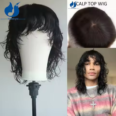Amethyst Loose Wave Wolf Cut Human Hair Wig with Bangs for Men Scalp Top Full Machine Made Mullet Wi