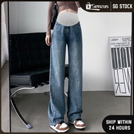 [SG SELLER] Maternity Wide-Leg Jeans Loose Slimmer Straight High Waist Denim Maternity Pants Pregnan