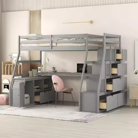 Twin Loft Bed with Stairs & Desk, Loft Bed with Storage Drawers and Cabinet, High Loft Bed with Stor