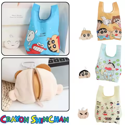 2pcs Set Crayon Shin-chan Cartoon Tote Bag Anime Foldable Portable Shopping Bag with Purse Bag Fashi
