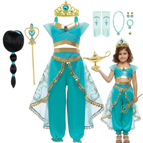 Girls Aladdin Magic Lamp Jasmine Princess Dress 2 PCS Kids Cosplay Costume Halloween Kids Birthday C