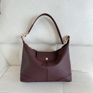 Longchamp 酒紅色全皮 Le Pliage Hobo 單肩包