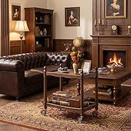 Soild Wood Side Table with Wheels, Mid Century Modern Coffee Table, 2 Tier Coffee Cart with Lockable