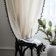 Plain Linen Sheer Window Curtains with Black Tassel Window Curtain Home Decorative Rod Pocket Hooks Top