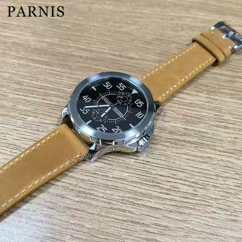 Parnis 44mm Silver Case Automatic Mechanical Men's Watch Power Reserve Leather Strap Sapphire Glass 