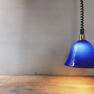 早期外銷歐洲 銅頭透光玻璃伸縮吊燈 古典藍