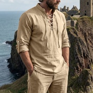 Men Casual Stand Collar Henry Long-Sleeved Shirt Shirt Retro Henry Shirt #[ Ready Stock Shipping] 7.