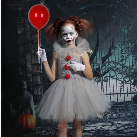 Halloween Girls Pennywise Tutu Dress Kids Cosplay Scary Gray Clown Costume Girl Carnival Party Dress