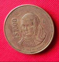 432大型墨西哥1989年黃金色英雄胡安娜頭像1000披索錢幣乙枚（稀少，保真，美品）.