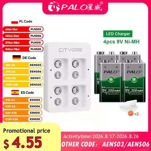 PALO 9V NI-MH Rechargeable Battery 300mAh USB Smart Battery Charger For 9 Volt 6F22 9V NiCd NiMh Lit