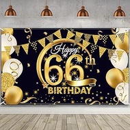 66th Birthday Party Decoration, Extra Large Fabric Black Gold Sign Poster for Anniversary Photo Boot