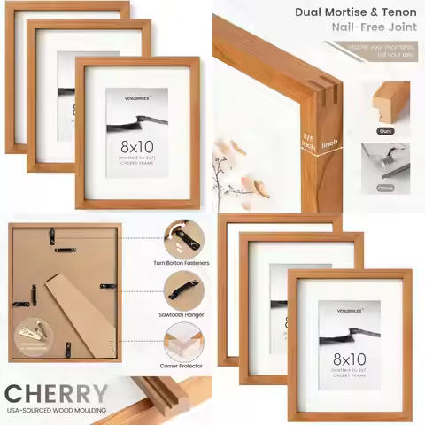 Set of 3 Natural Cherry Wood 8x10 Picture Frames, USA-Made with Matted 5x7 Openings, Tempered Glass 