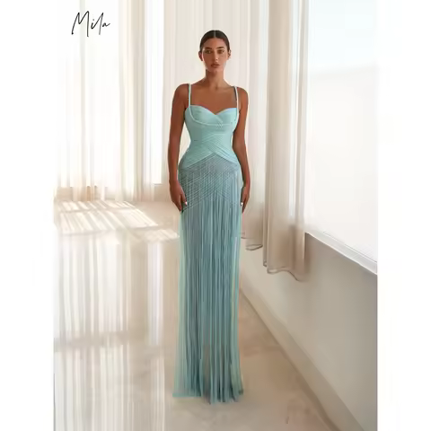 Mila Spaghetti Strap Pleats Prom Dresses Mint Green Sleeveless Customized Formal Evening Sweep Train