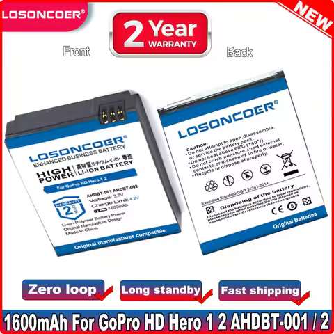 1600mAh For GoPro Go Pro HD Hero 1 2 Hero1 Hero2 Motorsports Surf Outdoor 960 1080P AHDBT-001 AHDBT-