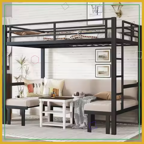 Full Over Full Metal Bunk Bed with Pull-Out Sofa, Loft Design for Teens & Adults, Black
