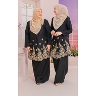 Baju Kurung Bercorak Sulam BLACK Ironless Saiz S - 5XL PLUS SIZE Ready Stock Raya Sale ( baju raya 2023 )