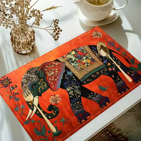 4pcs Indian Elephant Linen Placemats Asian Floral Art Design Hand Washable Square Table Mats for Din