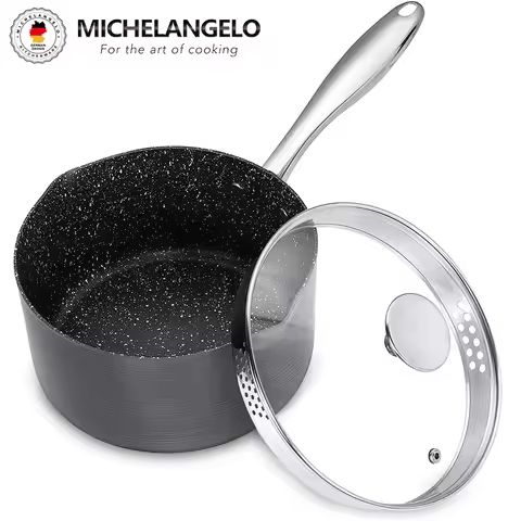 MICHELANGELO 3 Quart Saucepan with Lid Hard Anodized Nonstick Sauce Pan with Strainer Lid Pour Spout