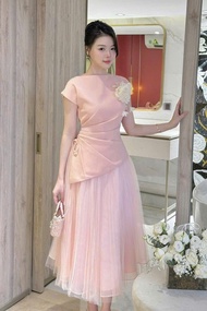 set váy đầm dự tiệc áo xếp li eo và chân váy lưới tặng kèm tag hoa size 43-65kg